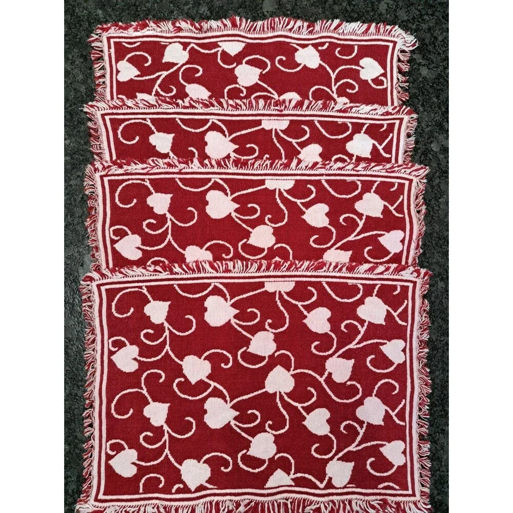 4 Woven Tapestry Placemats Red & White Vine Hearts with Fringe